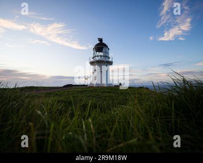 Vista panoramica dello storico faro bianco arroccato sulla scogliera di Capo Reinga, penisola di Aupouri, Northland, Isola del Nord, nuova Zelanda Foto Stock