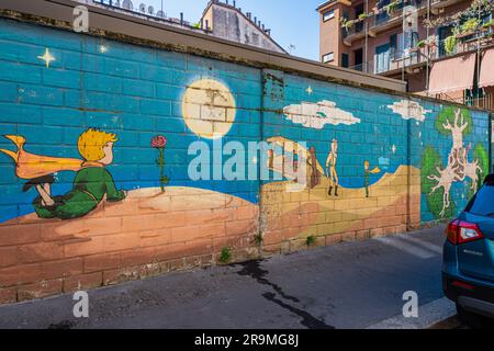 Bellissimo murale dipinto su un muro di mattoni a Milano, Italia. Basato su un libro per bambini. Foto Stock