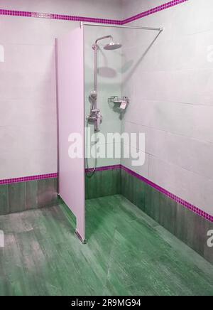 Doccia con annaffiatoio e divisorio in piscina, interni moderni Foto Stock