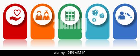 Set di icone mediche, varie icone vettoriali come medico, infermiere, ospedale, aiuto e influenza, modello infografico di design moderno, pulsanti Web in 5 colori Illustrazione Vettoriale