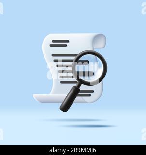 rendering 3d di documenti contrattuali cartacei vettoriali o di ricevute con design con lente di ingrandimento. Rotolo di parer arrotolato, isolato Illustrazione Vettoriale