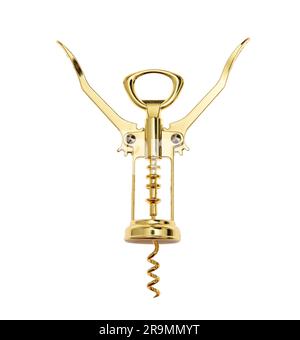 Cavatappi isolato su bianco, apribottiglie per vino di colore dorato Foto Stock