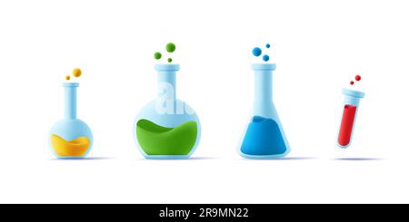 Set di attrezzature da laboratorio di beacker in vetro di diverse forme e con liquido colorato, icona di rendering 3d. Illustrazione Vettoriale