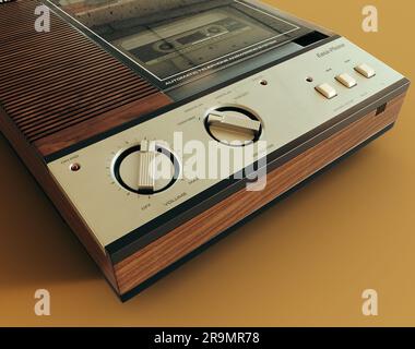 Rappresentazione 3D di una segreteria telefonica Panasonic vintage anni '80 su sfondo giallo senape - 7 giugno 2023 a Bristol, Regno Unito Foto Stock