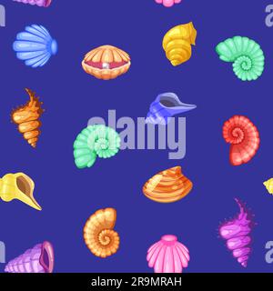 Cartoni animati con conchiglie tropicali senza cuciture. Simpatici e divertenti personaggi subacquei Illustrazione Vettoriale