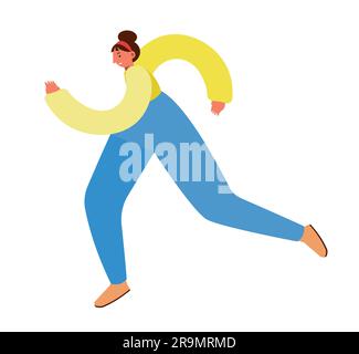 La donna corre di fretta, vista laterale. La donna indossa pantaloni e giacca a manica lunga. Stile proporzioni distorte, illustrazione vettoriale isolata. Illustrazione Vettoriale