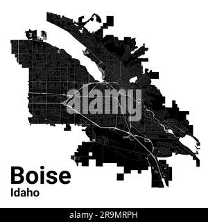 Mappa della città di Boise, capitale dello stato USA dell'Idaho. Confini amministrativi comunali, mappa dell'area in bianco e nero con fiumi e strade, parchi e ferrovie Illustrazione Vettoriale