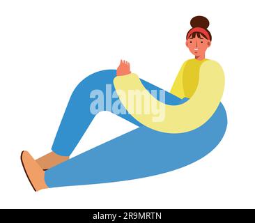 La donna è seduta per terra, riposa in posa. La donna indossa pantaloni e giacca a manica lunga. Stile proporzioni distorte, illustrazione vettoriale isolata Illustrazione Vettoriale