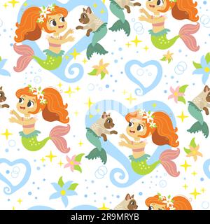 Modello infantile senza cuciture con simpatica sirena felice e il suo gatto. Stile piatto illustrazione vettoriale. Texture creative per bambini per design, stampa, lino, tessuto, Illustrazione Vettoriale