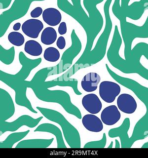 Motivo a bacca estetica Matisse senza cuciture. Curve di Doodle astratte foglie e bacche in stile Hippie 1970. Arte vettoriale floreale in verde e blu per magliette, carta da parati, custodia per cellulare. Illustrazione Vettoriale