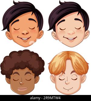 Set di illustrazioni per occhi di chiusura facciale di un cartone animato maschile diverso da razza Illustrazione Vettoriale