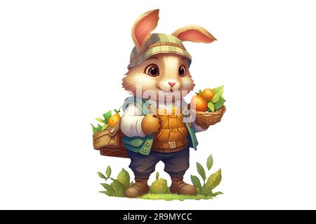 Contadino lepre nel suo giardino su sfondo bianco Illustrazione Vettoriale