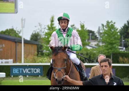 Newbury, Regno Unito. 27 giugno 2023. Mohammed Tabti riscuote gli applausi della folla dopo aver vinto il Donnington Grove Vets Handicap Stakes 19,15 sullo Splendent all'ippodromo di Newbury, Regno Unito. Crediti: Paul Blake/Alamy Live News. Foto Stock