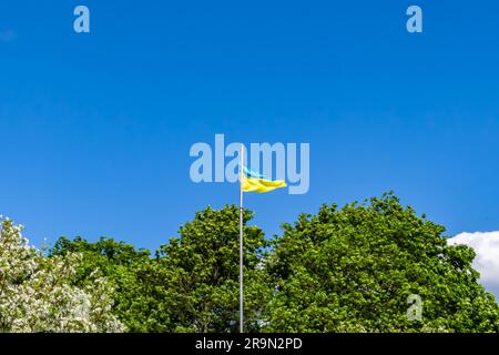 Fotografia sul tema bandiera nazionale Ucraina in cielo tranquillo che fluttua in vento leggero, foto composta da bandiera Ucraina su sfondo cielo libertà, U Foto Stock