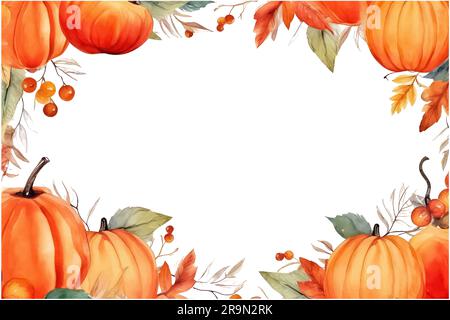 cornice autunnale ad acquerello con zucche e viti, foglie e spazio per il testo Illustrazione Vettoriale