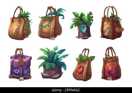 imposta l'eco bag in stile cartone animato per i videogiochi isolati su sfondo bianco Illustrazione Vettoriale