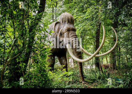 Karpin fauna. Riproduzione di un mammut a grandezza naturale nella zona del terrasauro nel centro faunistico Karpin fauna, Paesi Baschi, Spagna. Karpin Fau Foto Stock