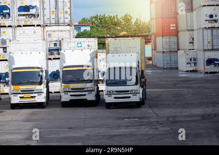 Carrelli nel deposito container nell'area di importazione ed esportazione al porto. Foto Stock