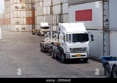 Carrelli nel deposito container nell'area di importazione ed esportazione al porto. Foto Stock