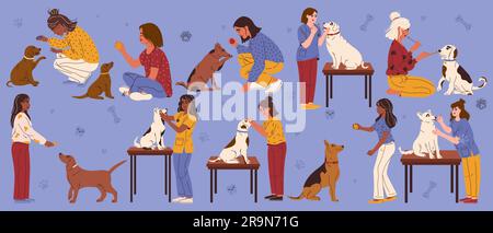 Gruppo di persone che si prendono cura dei denti dei cani. Proprietari e veterinari. Prevenzione delle malattie gengivali. Concetto di cura dentale per cani. Illustrazione vettoriale. Illustrazione Vettoriale