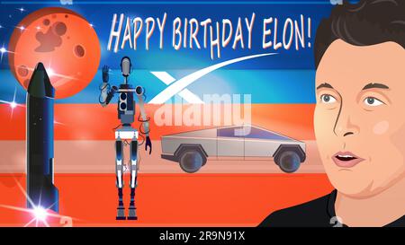 Buon compleanno Elon. Elon Musk Ritratto, Logo di Starlink, Tesla Cybertruck, Optimus Humanoid robot. Foto Stock