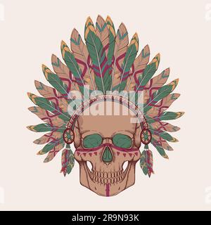 Illustrazione vettoriale del cranio umano nel copricapo capo indiano nativo Illustrazione Vettoriale