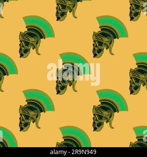 Modello teschio con elmetto gladiatore a mano in stile drow per stampe e decorazioni. Illustrazione vettoriale. Illustrazione Vettoriale