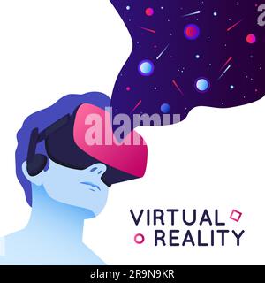 Illustrazione vettoriale di un uomo che indossa un visore per la realtà virtuale. Illustrazione moderna in realtà virtuale astratta con elementi spaziali in stile piatto Illustrazione Vettoriale