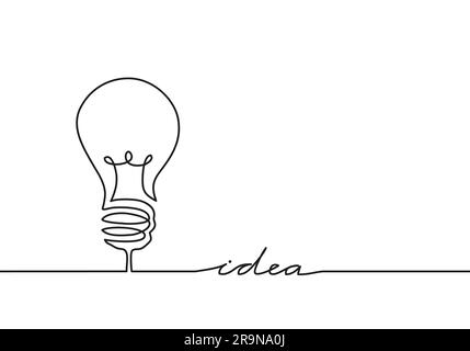 Illustrazione vettoriale del disegno continuo a una linea della lampadina elettrica con la parola idea. Concetto di pensiero creativo di idea, ricerca di soluzioni, attività commerciali Illustrazione Vettoriale