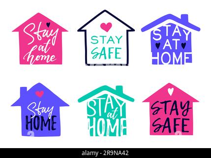 Serie vettoriale di case e Stay Home, Stay Safe lettering tipografia isolata su bianco. Adesivi motivazionali, cartelli, icone o simboli alla moda q Illustrazione Vettoriale