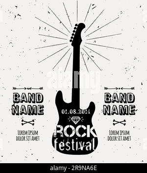Etichetta Vector vintage per chitarra con Sunburst, diamanti ed elementi tipografici. Poster grunge rock and roll. Modello di design Rock festival con spazio per Illustrazione Vettoriale