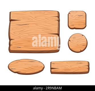 Set vettoriale con pulsanti in legno per cartoni animati per risorse di gioco, sviluppo dell'interfaccia utente. Elementi GUI. Illustrazione Vettoriale