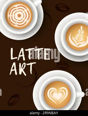 Illustrazione vettoriale con tazze realistiche bianche con caffè. Collezione di latte art vista dall'alto Illustrazione Vettoriale