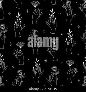 Modello vettoriale delle mani femminili con uno stile lineare minimale. Sfondo con gesti della mano che reggono fiori di rosa, piante e foglie di gingko per cosmetici Illustrazione Vettoriale