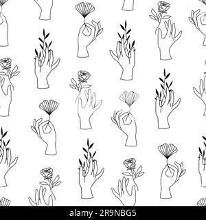 Modello vettoriale delle mani femminili con uno stile lineare minimale. Sfondo con gesti della mano che reggono fiori di rosa, piante e foglie di gingko per cosmetici Illustrazione Vettoriale