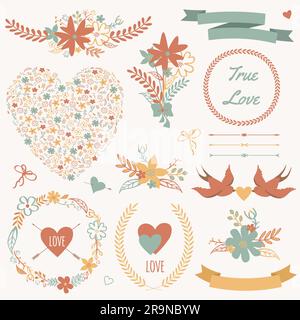 Set da matrimonio vettoriale con mazzi, uccelli, cuori, frecce, nastri, corone, fiori, archi, alloro. Illustrazione Vettoriale