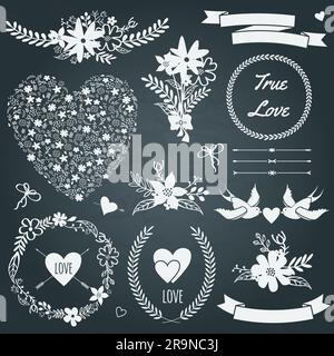 Set da matrimonio vettoriale con mazzi, uccelli, cuori, frecce, nastri, corone, fiori, archi, alloro. Illustrazione Vettoriale