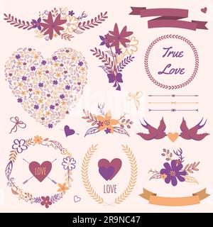 Set da matrimonio vettoriale con mazzi, uccelli, cuori, frecce, nastri, corone, fiori, archi, alloro. Illustrazione Vettoriale