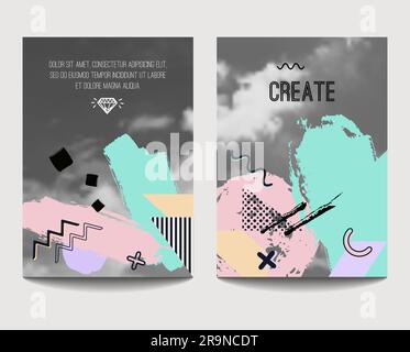 Modelli di brochure vettoriali alla moda con elementi geometrici a pennello disegnati a mano e sfocati. Design moderno e minimalista per poster, bann Illustrazione Vettoriale