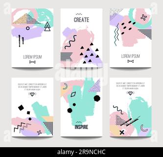 Modelli di brochure vettoriali alla moda con elementi geometrici a pennello disegnati a mano. Design moderno e minimalista per poster, banner, presentazione di copertina, Illustrazione Vettoriale