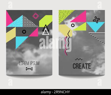 Modelli di brochure vettoriali alla moda con elementi geometrici caotici con sfondo sfocato. Design moderno e minimalista per poster, banner e cover presentati Illustrazione Vettoriale