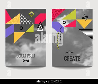 Modelli di brochure vettoriali alla moda con elementi geometrici caotici con sfondo sfocato. Design moderno e minimalista per poster, banner e cover presentati Illustrazione Vettoriale
