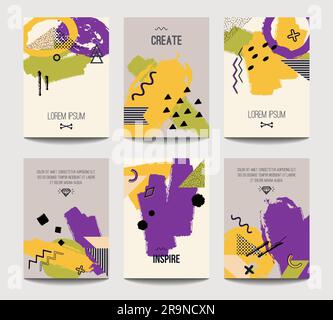 Modelli di brochure vettoriali alla moda con elementi geometrici a pennello disegnati a mano. Design moderno e minimalista per poster, banner, presentazione di copertina, Illustrazione Vettoriale