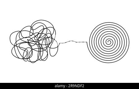 Illustrazione vettoriale della complessa linea clew che si trasforma in un elemento arrotondato ordinato isolato su sfondo bianco. Concetto di risoluzione del problema, d Illustrazione Vettoriale