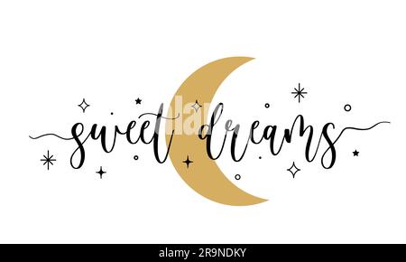 Illustrazione vettoriale di Sweet Dreams scritte a mano con scritte moderne scritte a pennello con luna e stelle. Design di striscioni, poster, stampa, volantini, calligrafia isolata Illustrazione Vettoriale