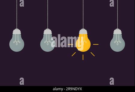 Illustrazione vettoriale con lampadine sospese: Una è accesa, altre sono spente. Ambientato in stile cartoni animati con un'ombreggiatura venata alla moda. Concetto di business Illustrazione Vettoriale