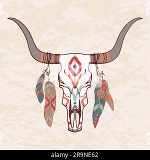 Illustrazione vettoriale del cranio del toro con piume Illustrazione Vettoriale