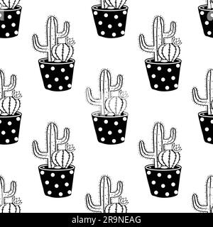 Motivo vettoriale in bianco e nero senza cuciture con cactuses in pentole. Moderno design scandinavo Illustrazione Vettoriale