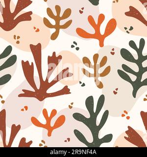 Motivo vettoriale contemporaneo senza cuciture con foglie astratte estetiche disegnate a mano e forme fluide. Fantasia floreale ispirata a Matisse. Childi Illustrazione Vettoriale