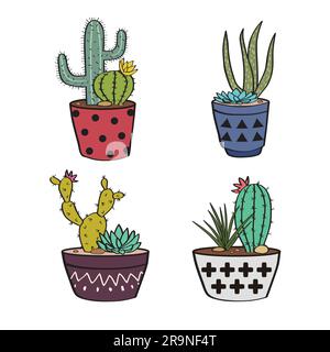 Set vettoriale con cactusi colorati e succulenti in pentole Illustrazione Vettoriale